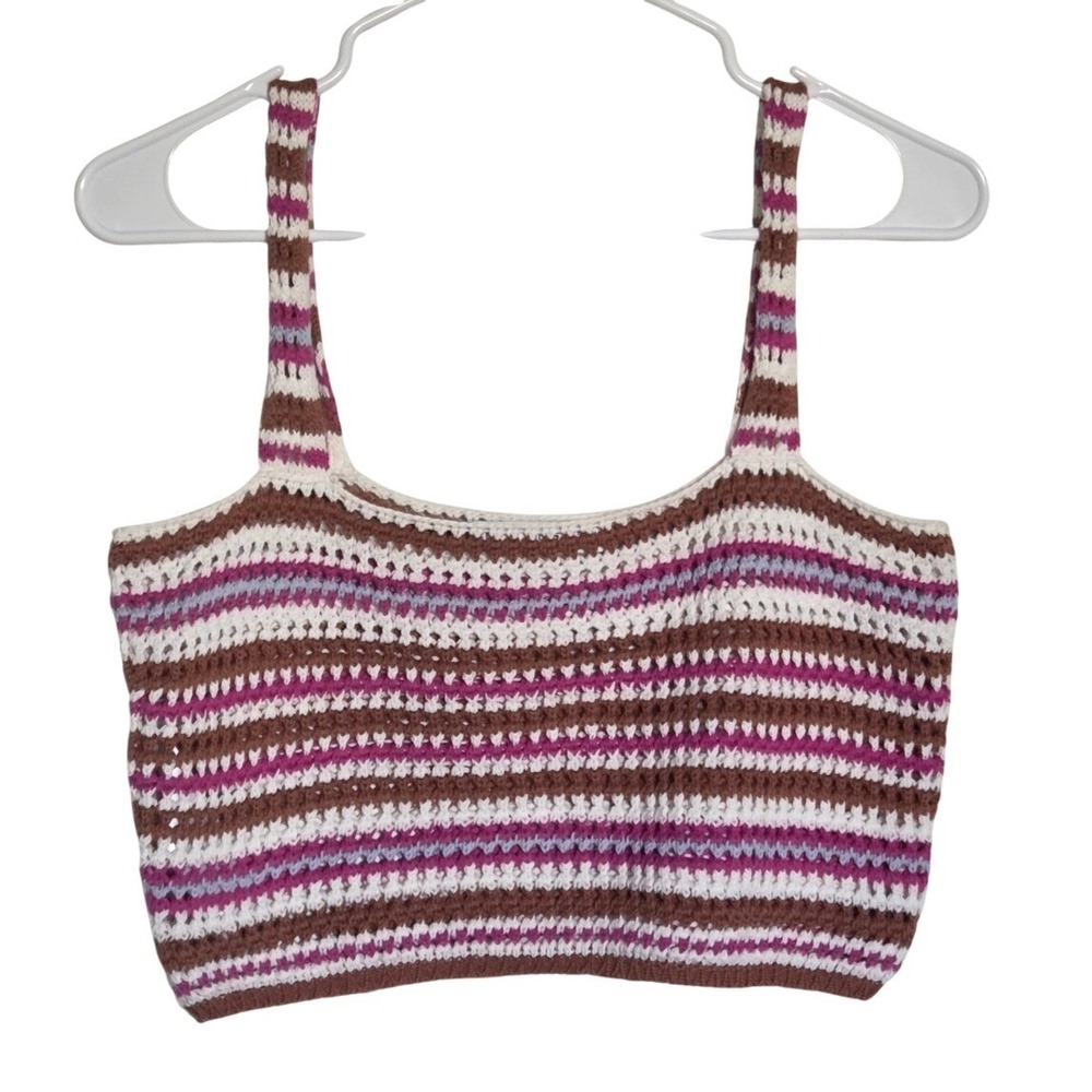 MNG Mango Crochet‎ Knit Striped Crop Top Small Brown Pink Boho Cotton Tank
